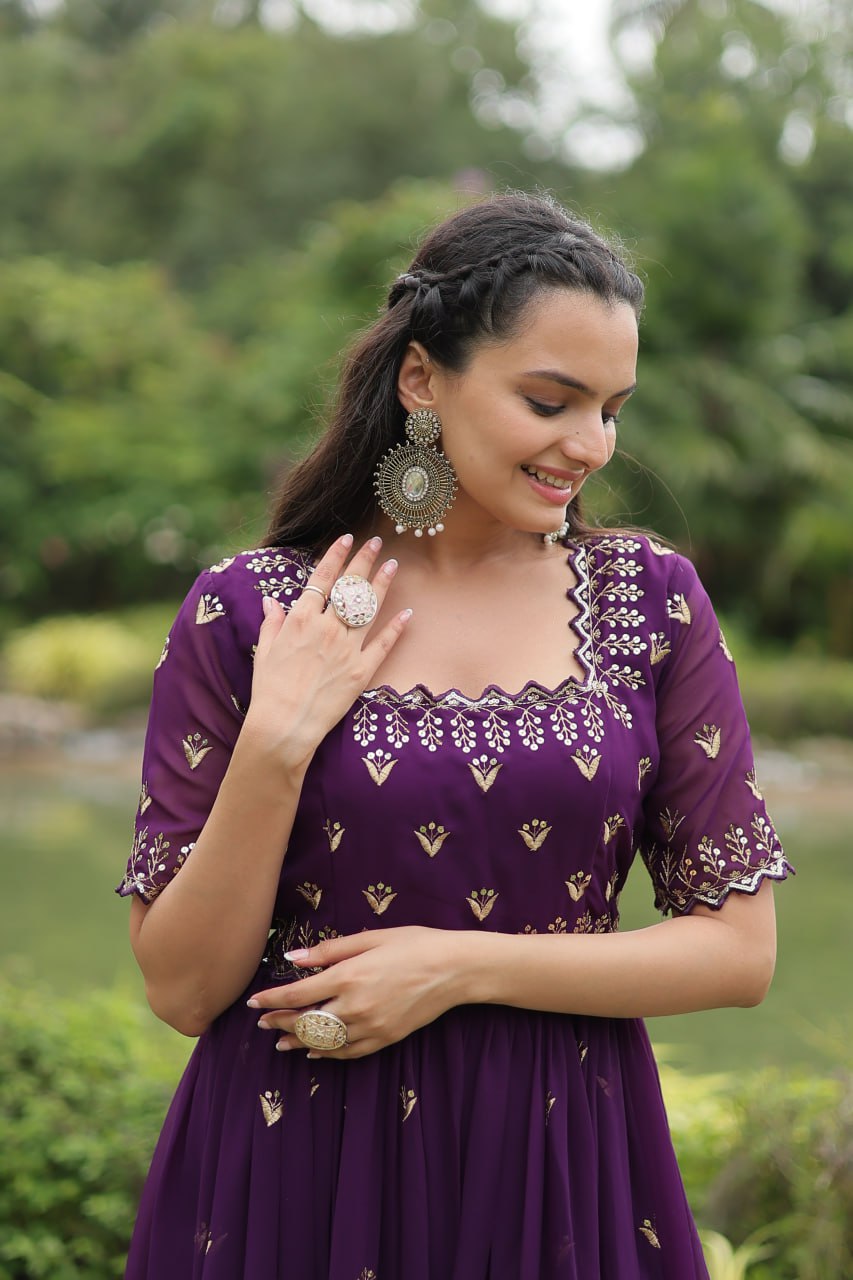 Purple Faux Blooming Fabric Designer Readymade Gown with Zari & Sequins Embroidery