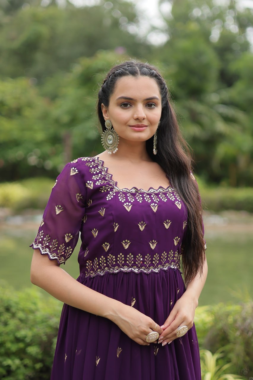 Purple Faux Blooming Fabric Designer Readymade Gown with Zari & Sequins Embroidery