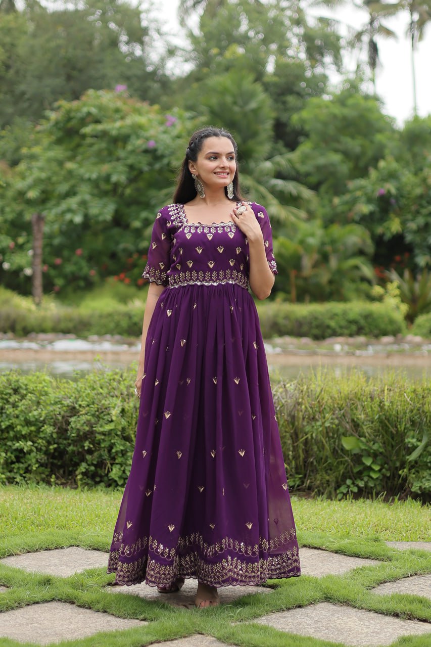 Purple Faux Blooming Fabric Designer Readymade Gown with Zari & Sequins Embroidery