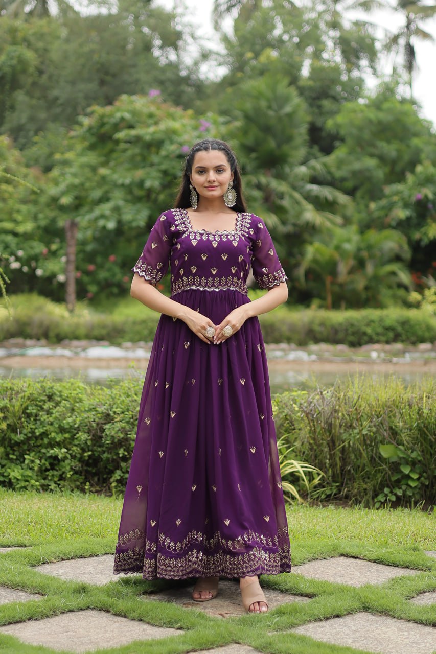 Purple Faux Blooming Fabric Designer Readymade Gown with Zari & Sequins Embroidery