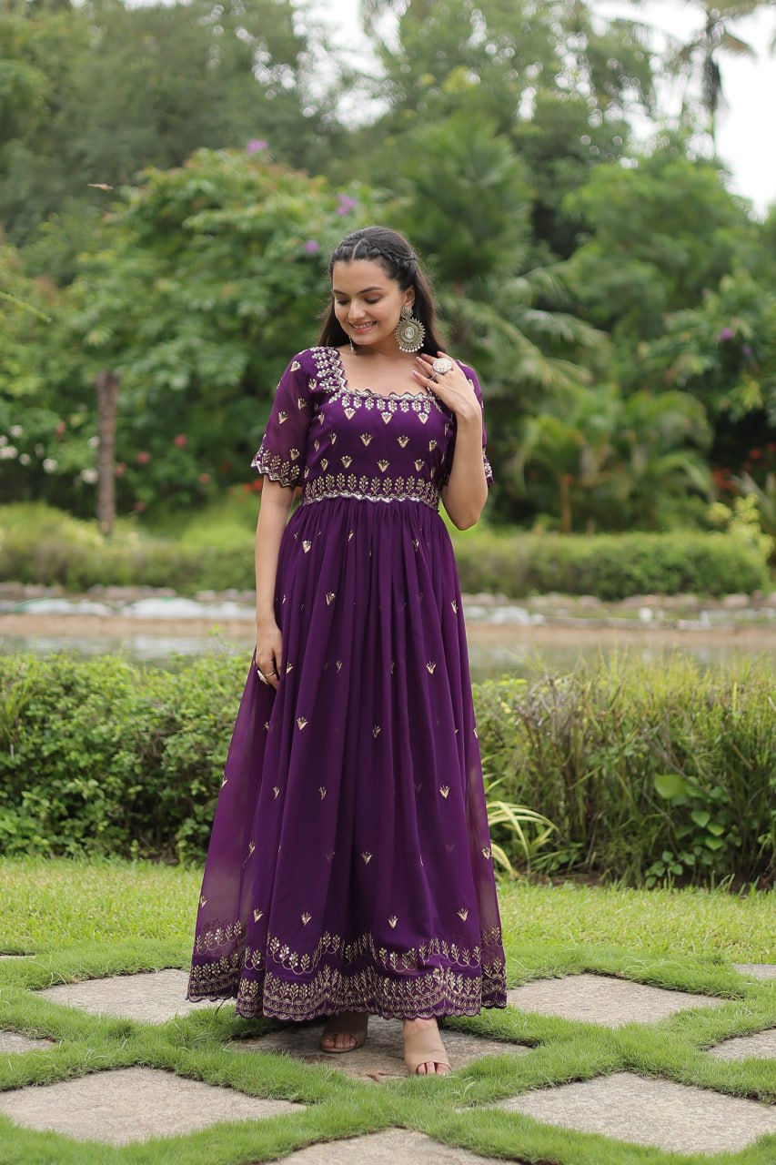 Purple Faux Blooming Fabric Designer Readymade Gown with Zari & Sequins Embroidery