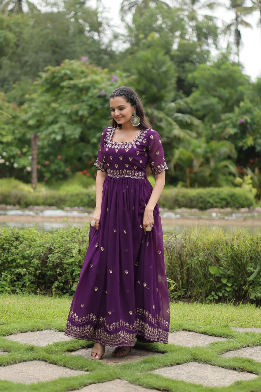 Purple Faux Blooming Fabric Designer Readymade Gown with Zari & Sequins Embroidery