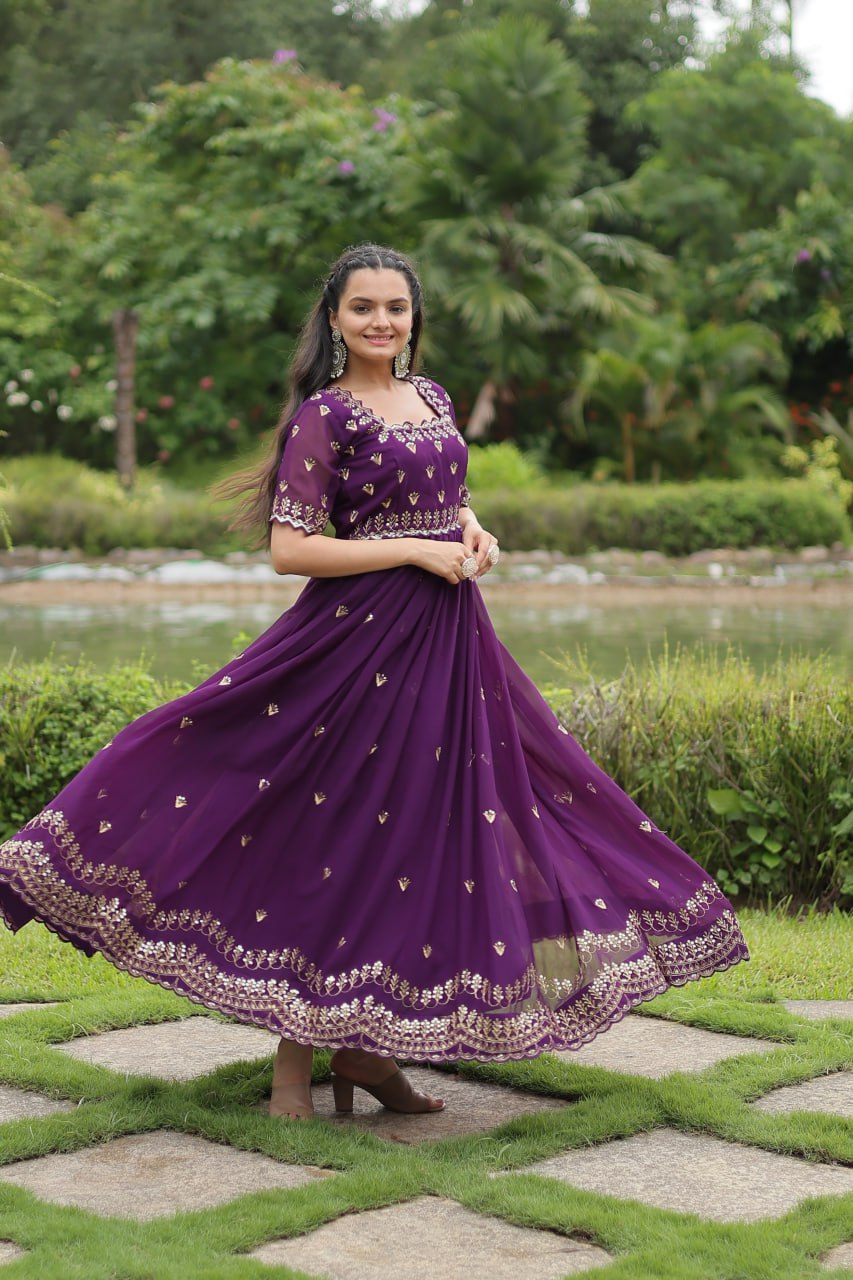 Purple Faux Blooming Fabric Designer Readymade Gown with Zari & Sequins Embroidery