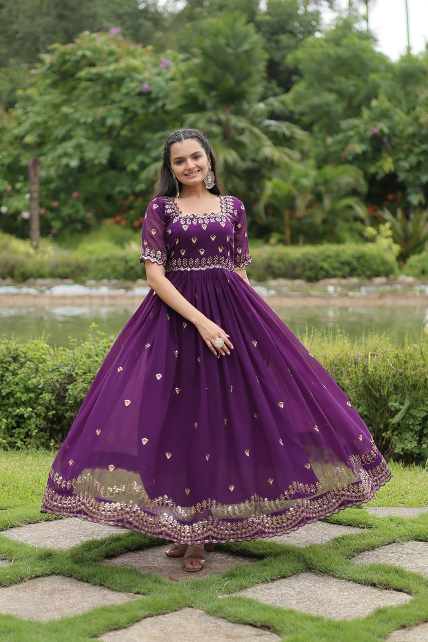 Purple Faux Blooming Fabric Designer Readymade Gown with Zari & Sequins Embroidery