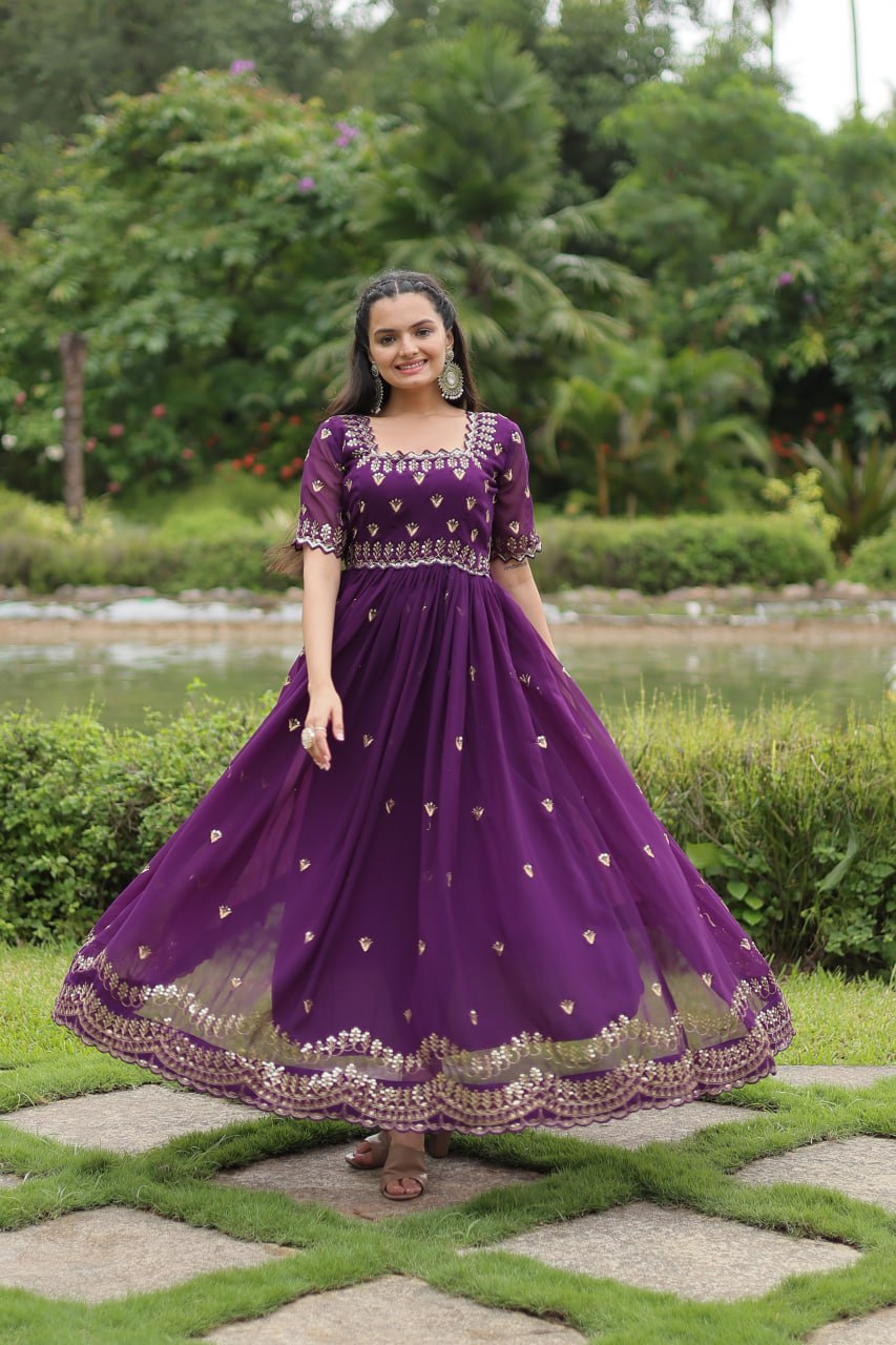 Purple Faux Blooming Fabric Designer Readymade Gown with Zari & Sequins Embroidery