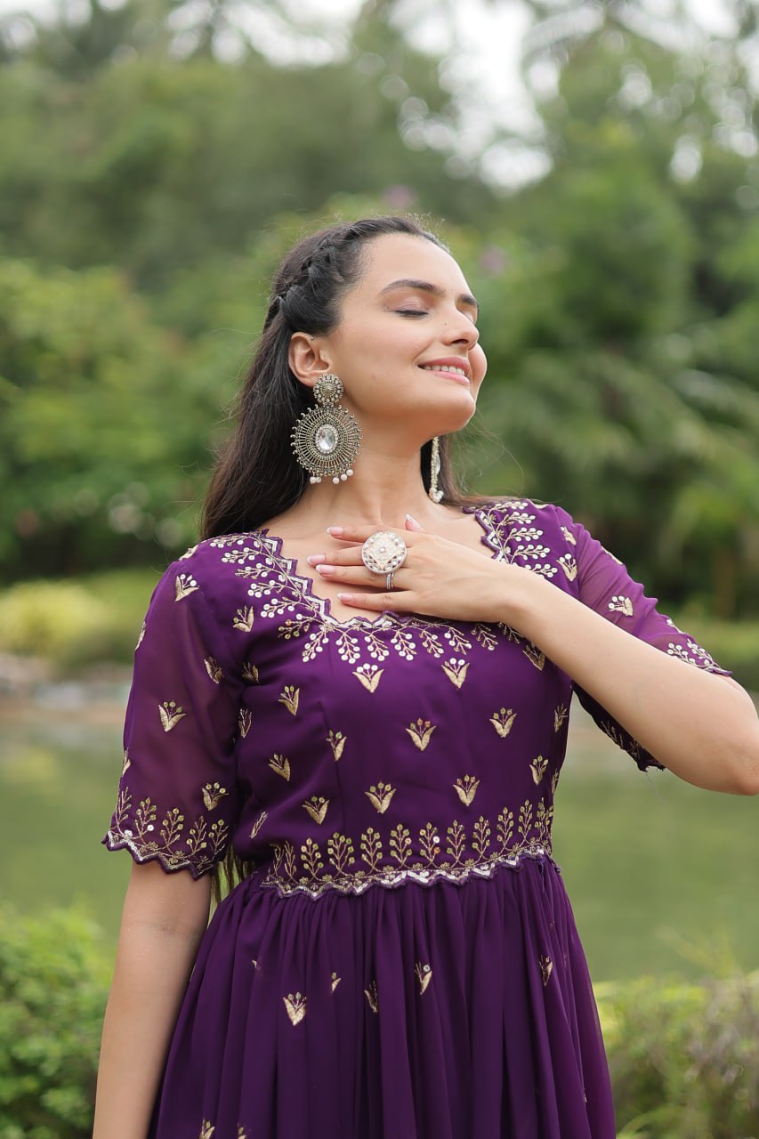 Purple Faux Blooming Fabric Designer Readymade Gown with Zari & Sequins Embroidery