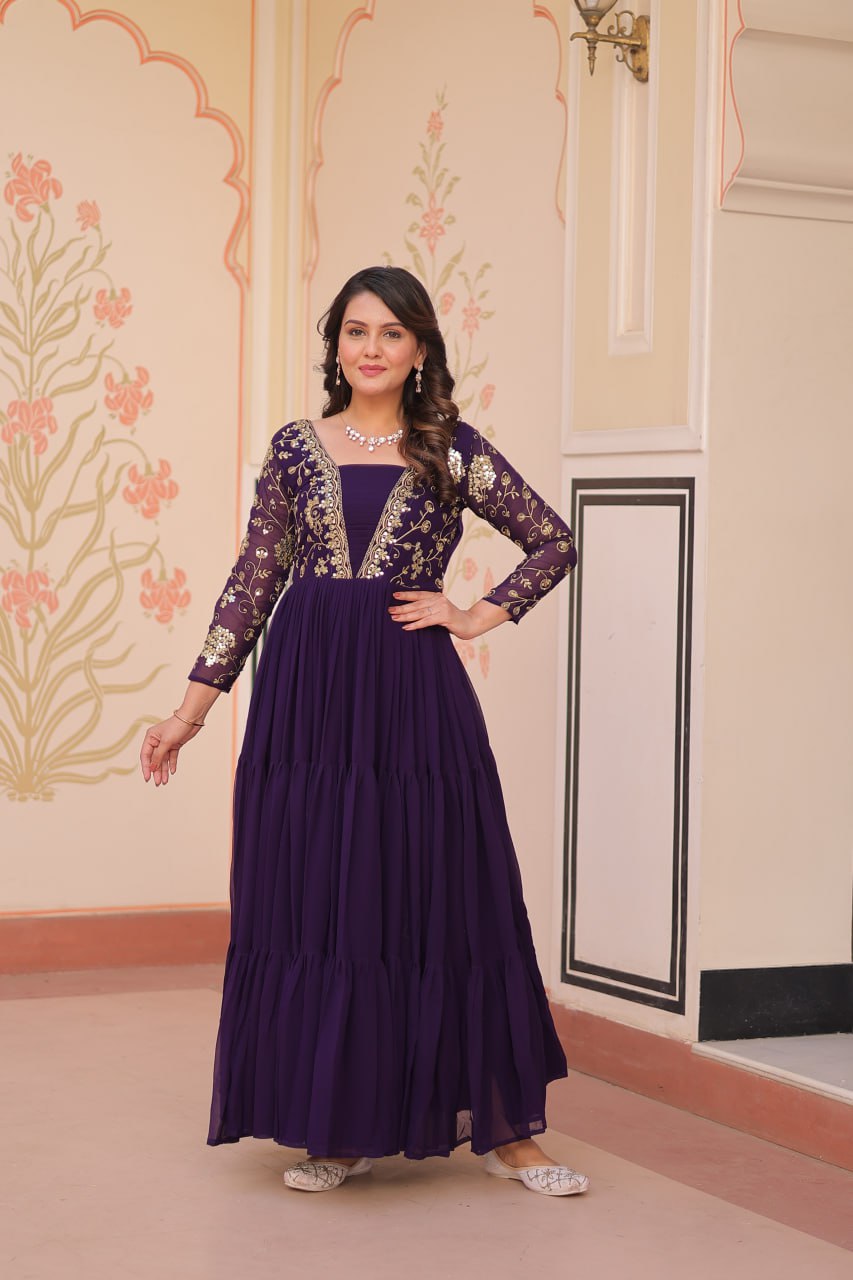 Purple Faux Blooming Fabric Embroidered Gown with 12-Meter Flair & Fancy V-Neck Design