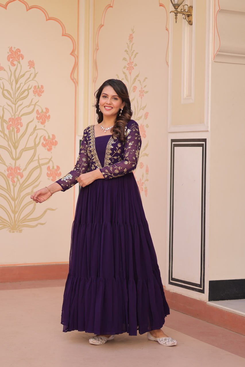Purple Faux Blooming Fabric Embroidered Gown with 12-Meter Flair & Fancy V-Neck Design