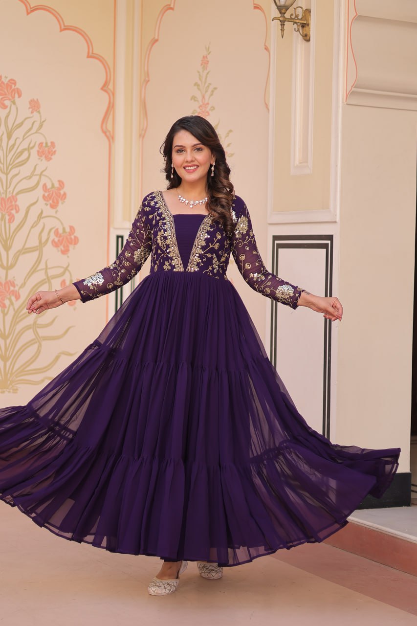 Purple Faux Blooming Fabric Embroidered Gown with 12-Meter Flair & Fancy V-Neck Design