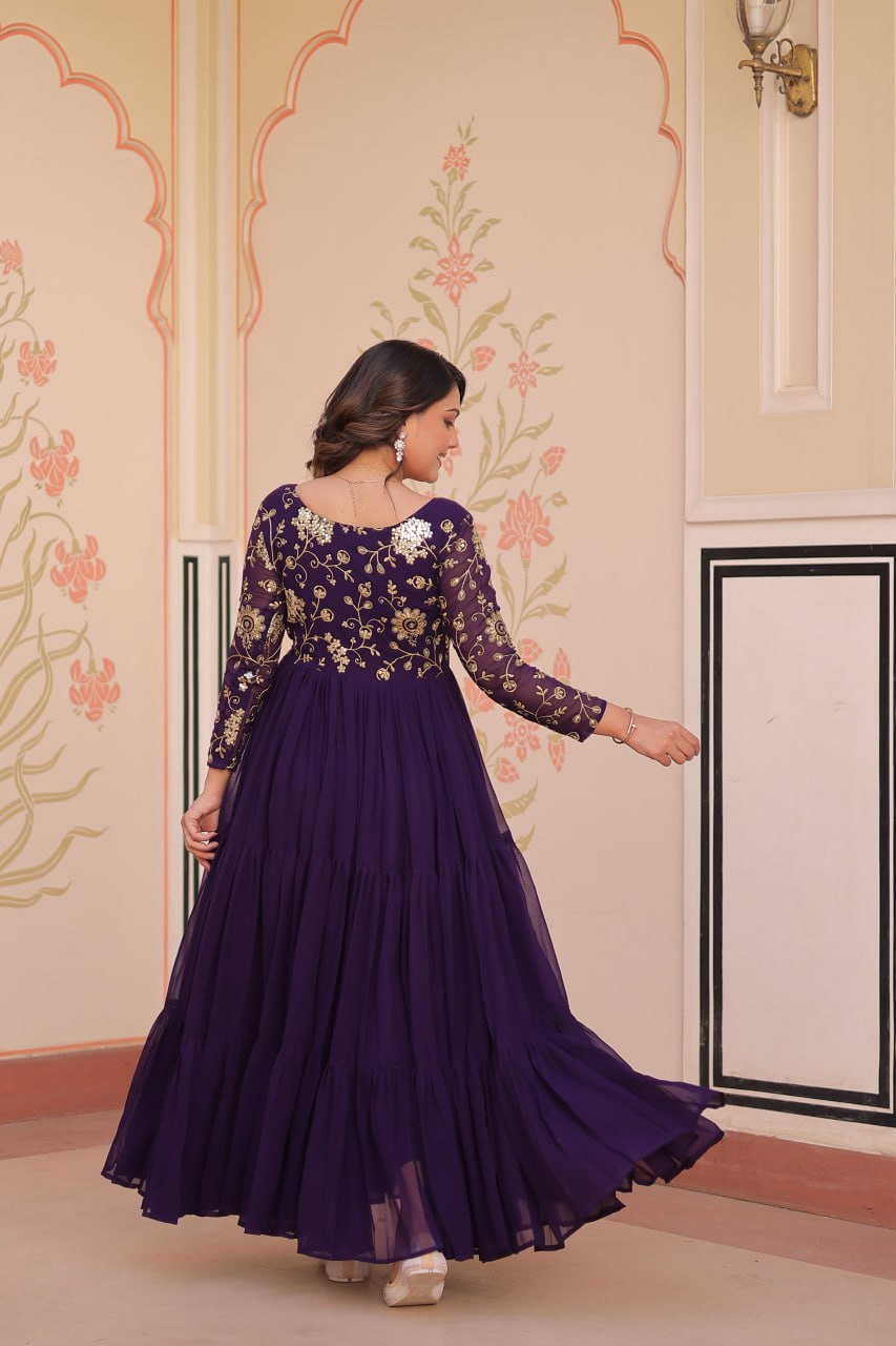 Purple Faux Blooming Fabric Embroidered Gown with 12-Meter Flair & Fancy V-Neck Design
