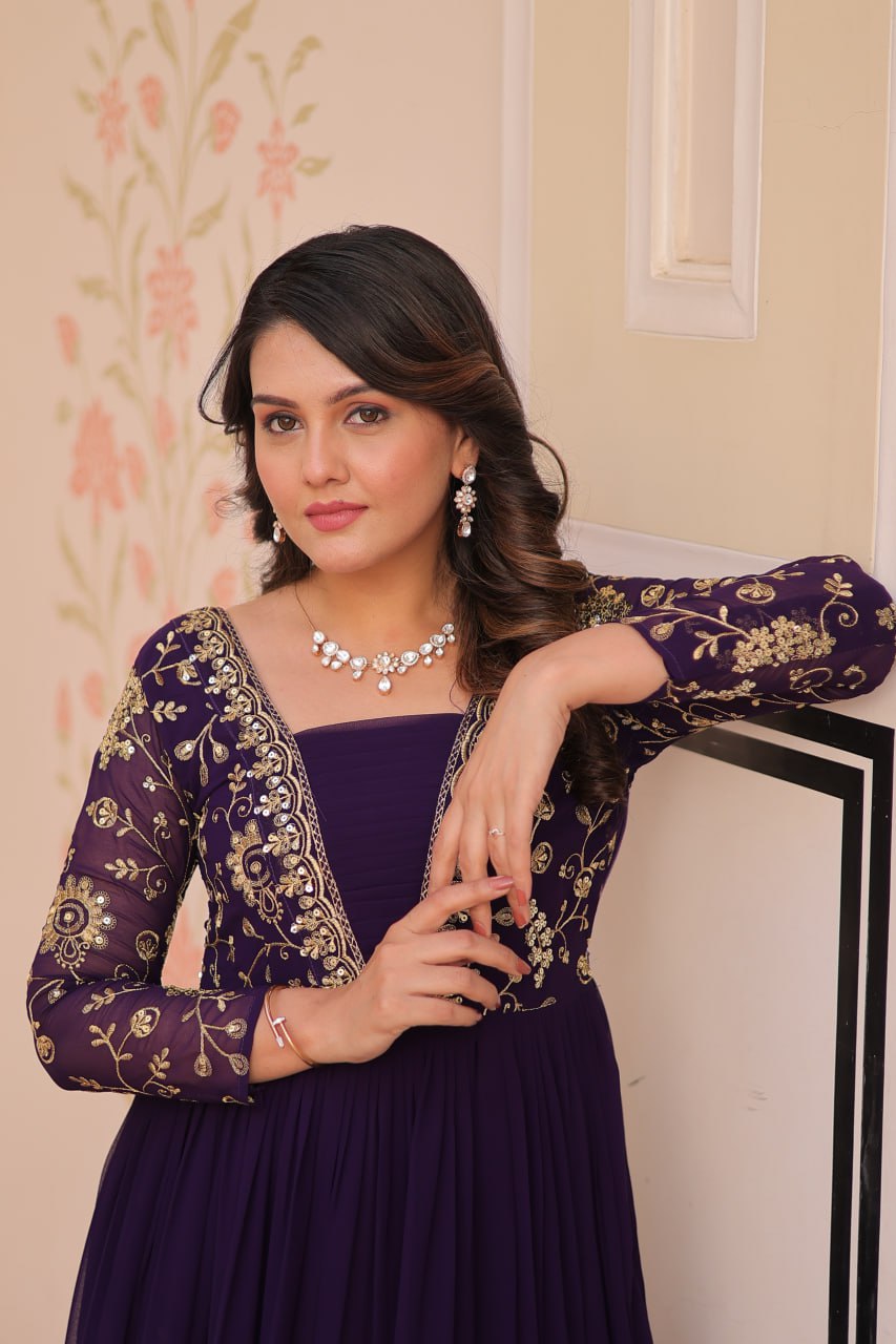Purple Faux Blooming Fabric Embroidered Gown with 12-Meter Flair & Fancy V-Neck Design