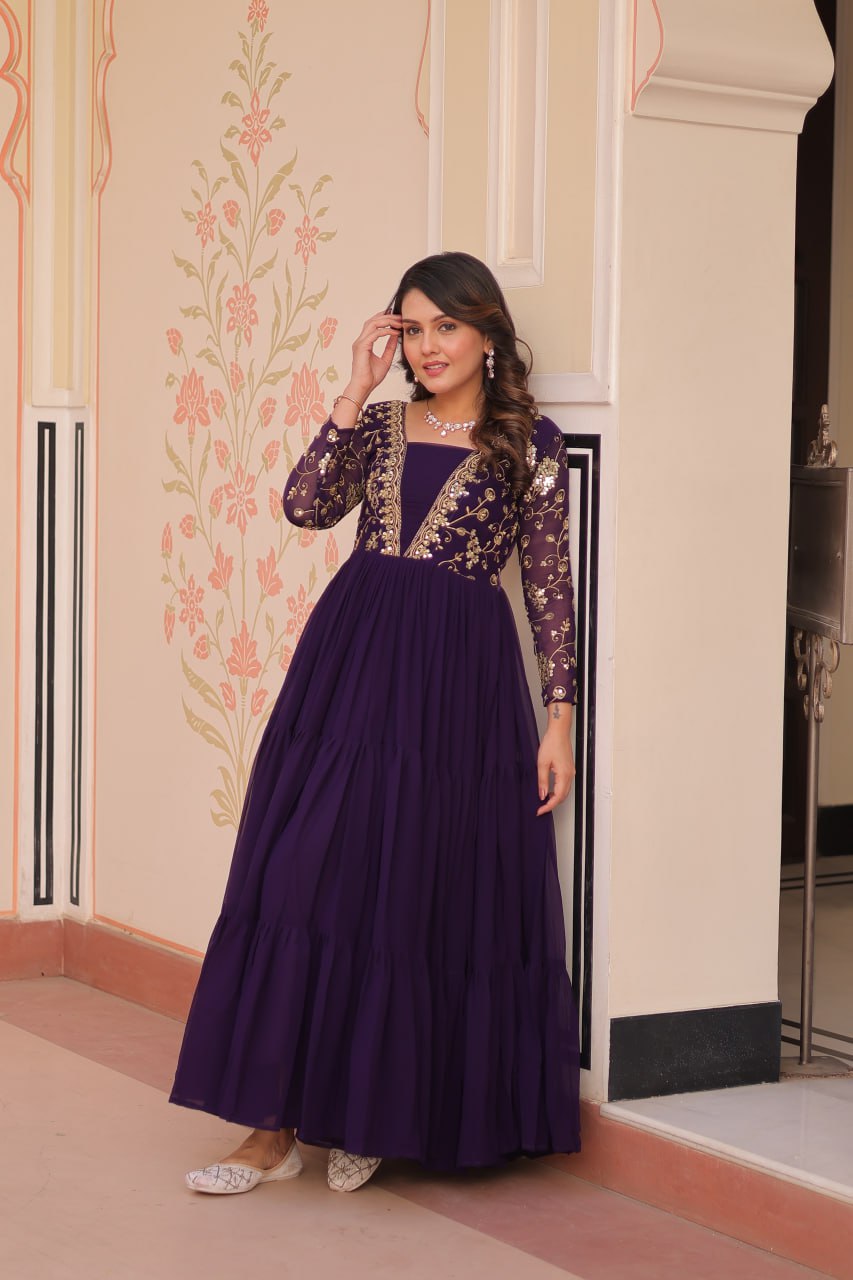 Purple Faux Blooming Fabric Embroidered Gown with 12-Meter Flair & Fancy V-Neck Design