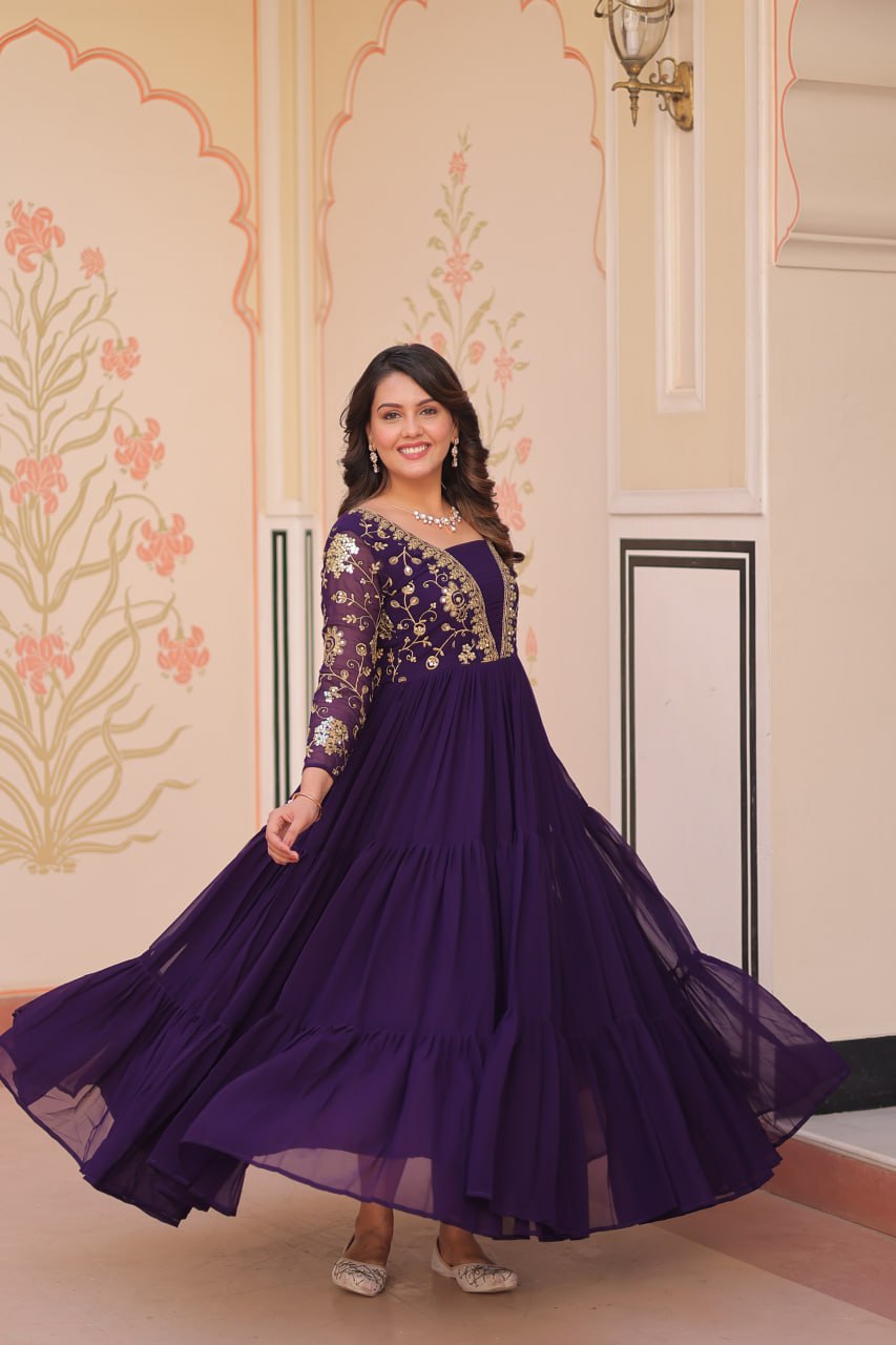 Purple Faux Blooming Fabric Embroidered Gown with 12-Meter Flair & Fancy V-Neck Design