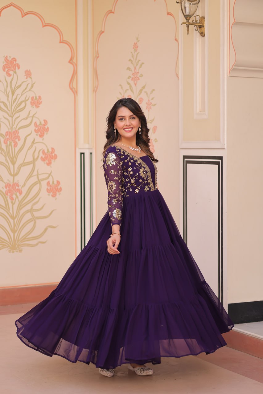 Purple Faux Blooming Fabric Embroidered Gown with 12-Meter Flair & Fancy V-Neck Design