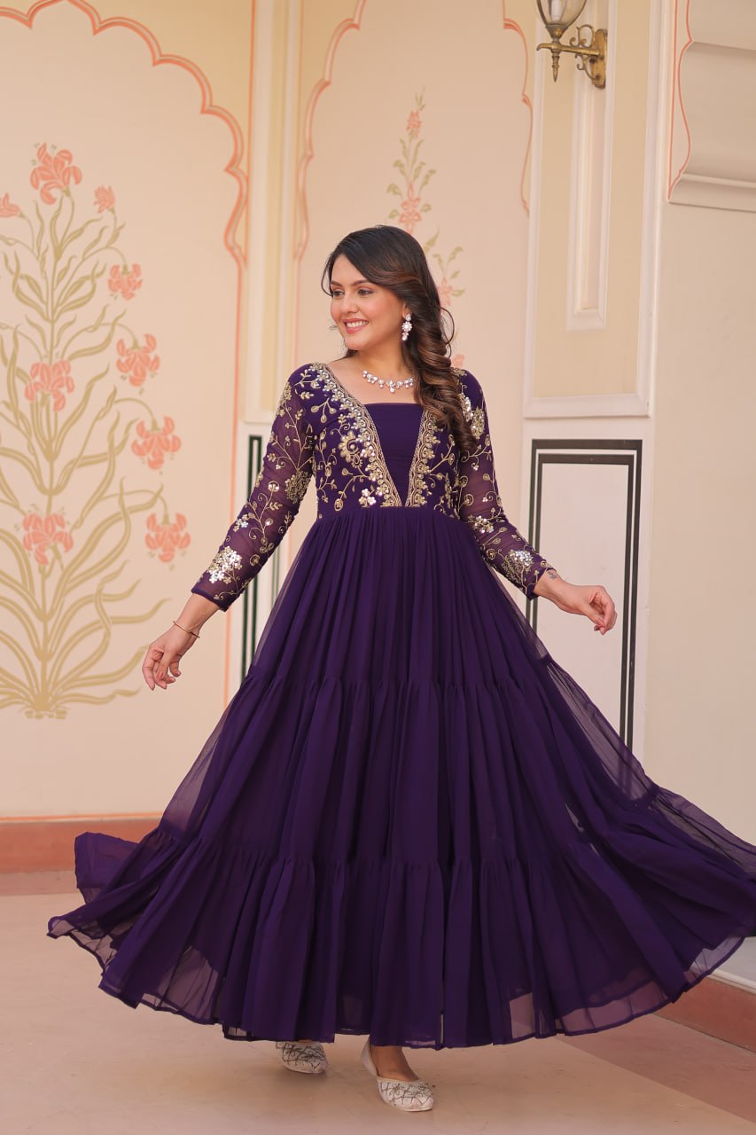 Purple Faux Blooming Fabric Embroidered Gown with 12-Meter Flair & Fancy V-Neck Design