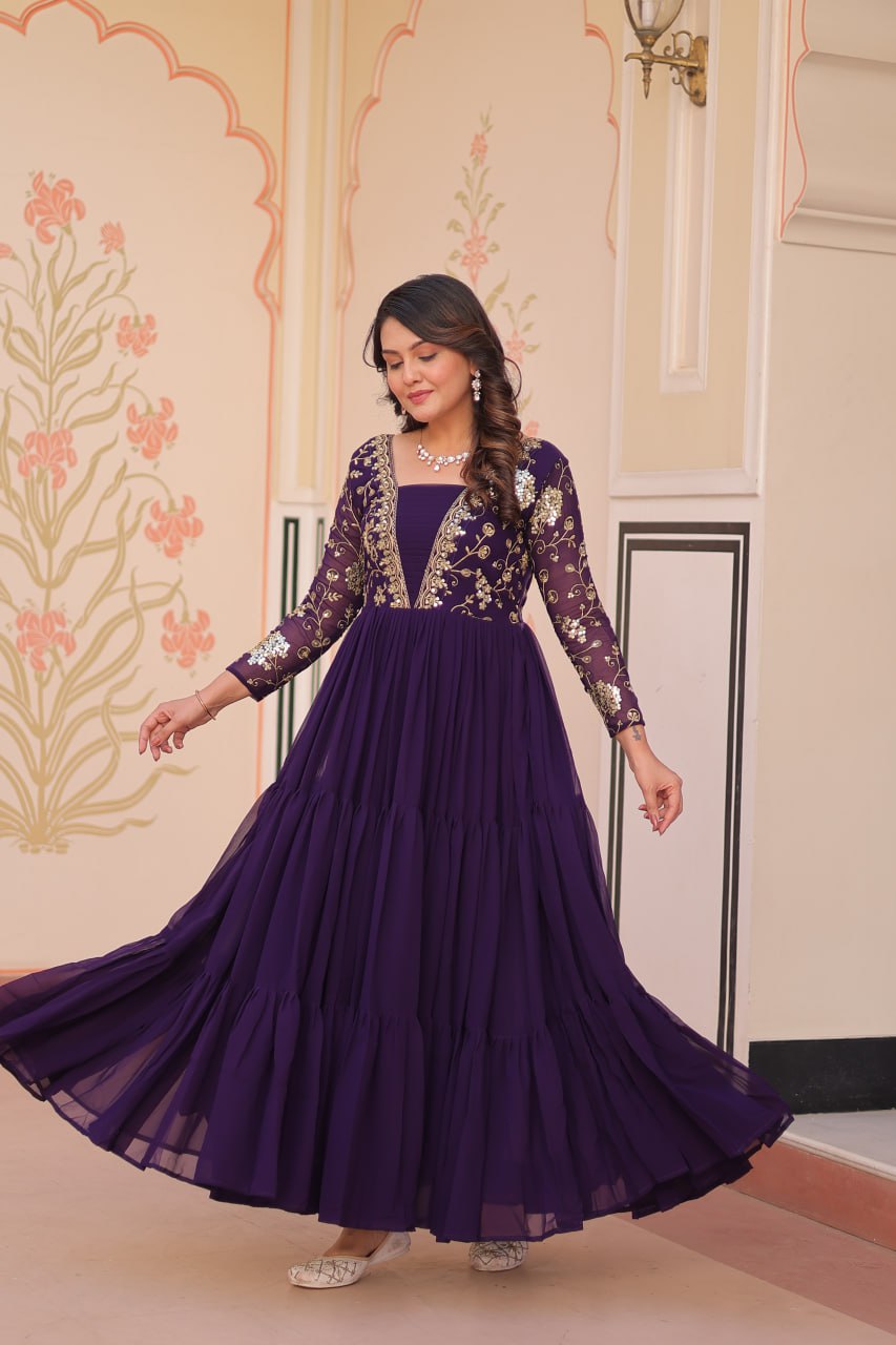 Purple Faux Blooming Fabric Embroidered Gown with 12-Meter Flair & Fancy V-Neck Design