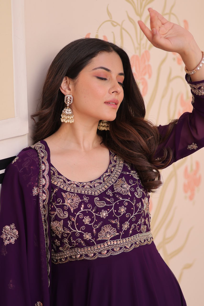 Purple Faux Blooming Gown with Beads Embroidery & Designer Dupatta