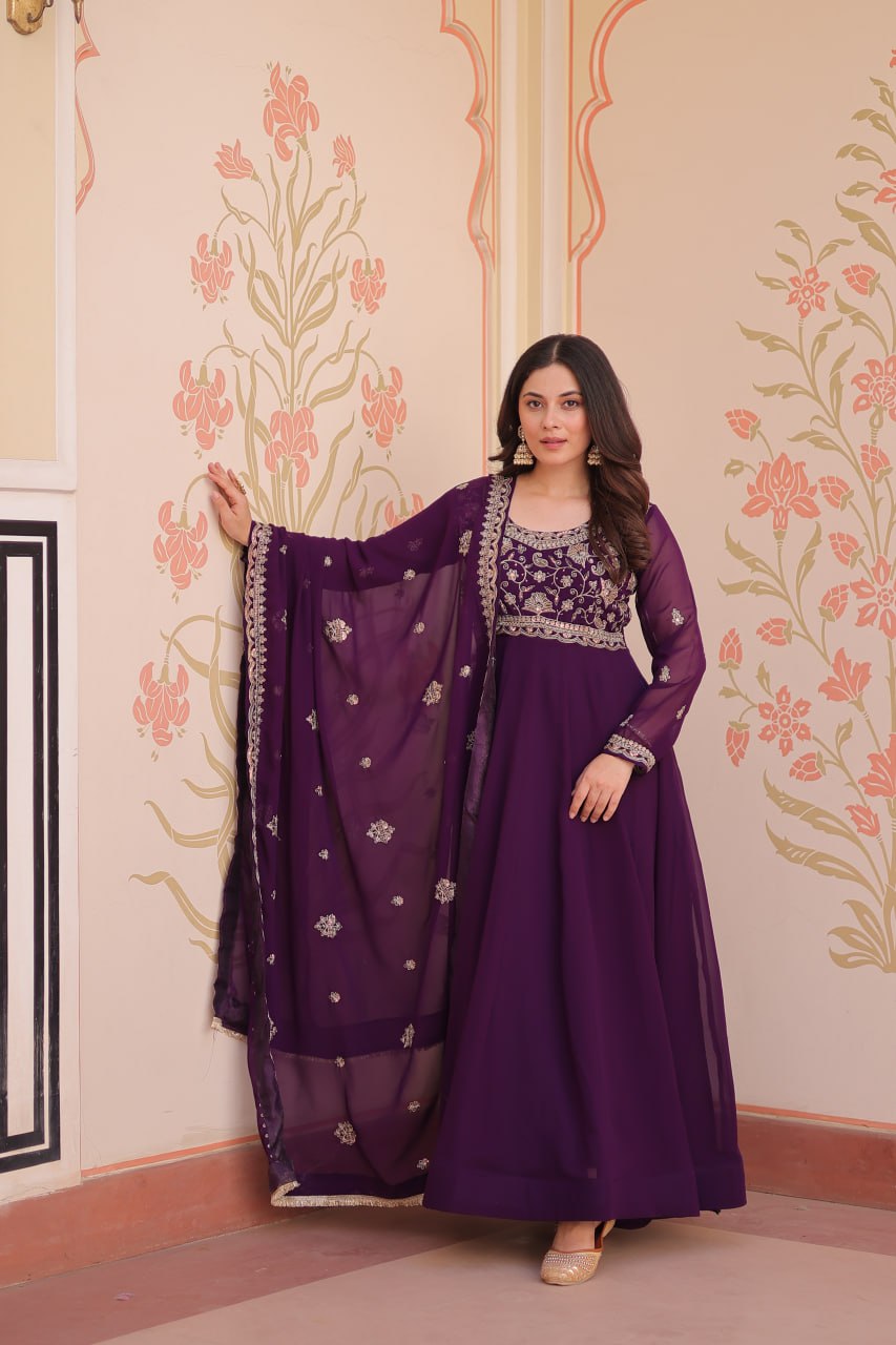 Purple Faux Blooming Gown with Beads Embroidery & Designer Dupatta