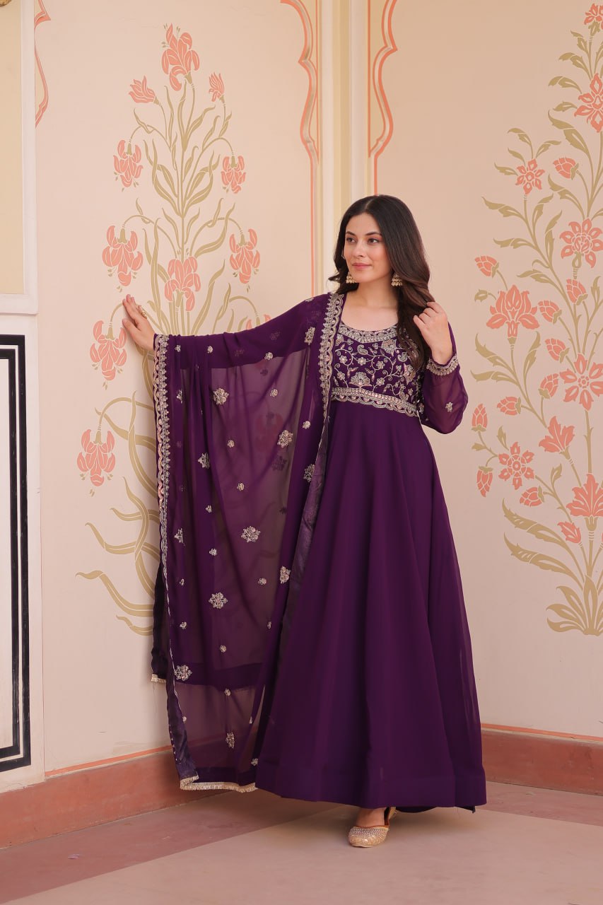 Purple Faux Blooming Gown with Beads Embroidery & Designer Dupatta