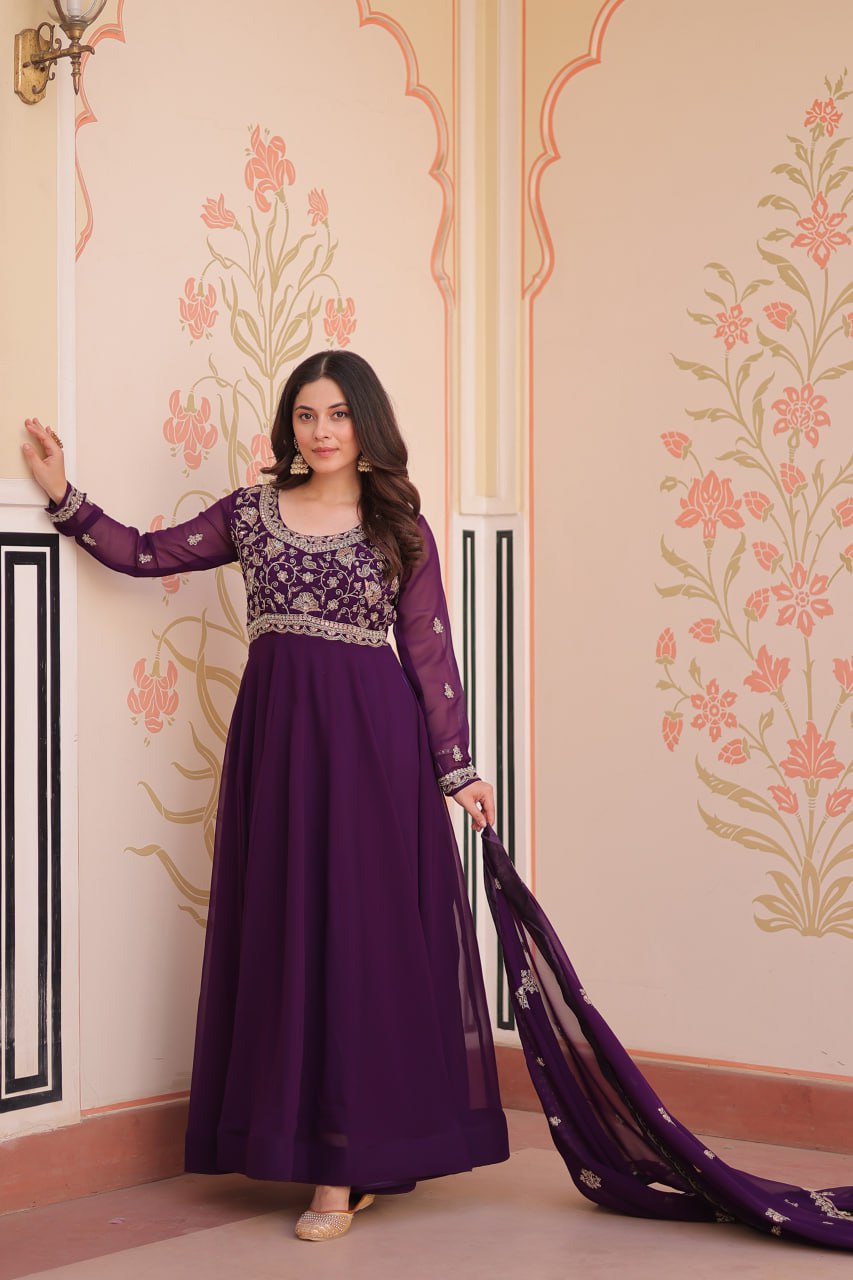 Purple Faux Blooming Gown with Beads Embroidery & Designer Dupatta