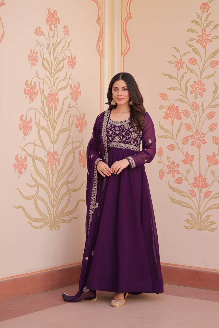 Purple Faux Blooming Gown with Beads Embroidery & Designer Dupatta