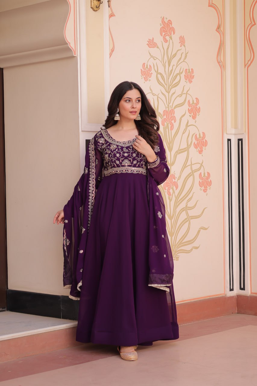Purple Faux Blooming Gown with Beads Embroidery & Designer Dupatta