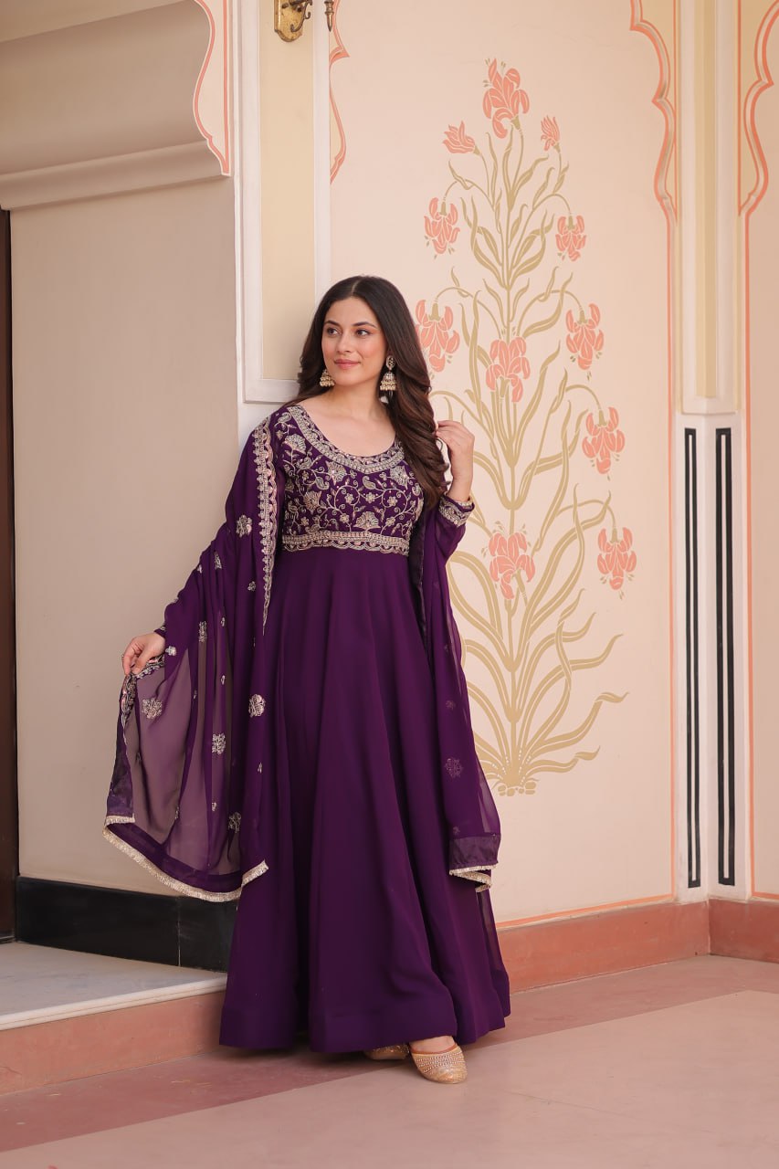 Purple Faux Blooming Gown with Beads Embroidery & Designer Dupatta
