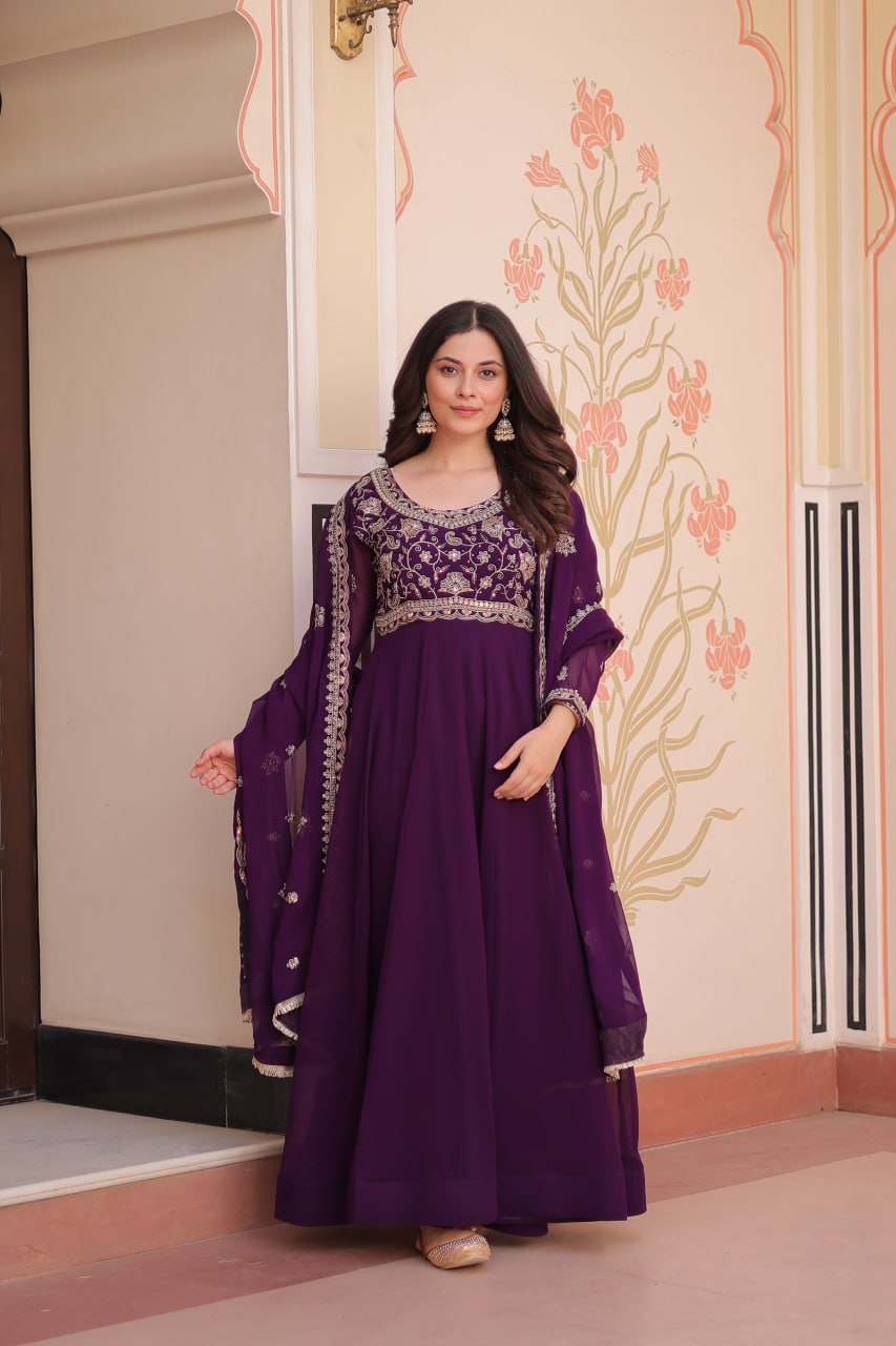 Purple Faux Blooming Gown with Beads Embroidery & Designer Dupatta