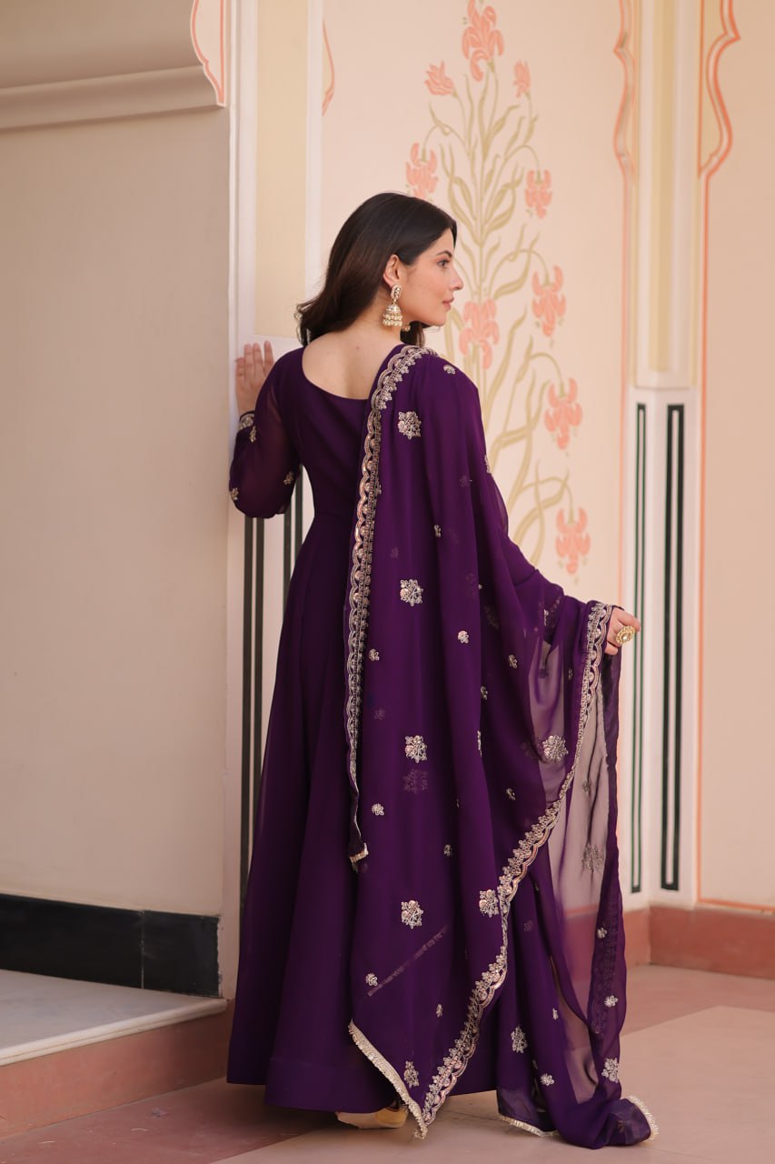 Purple Faux Blooming Gown with Beads Embroidery & Designer Dupatta
