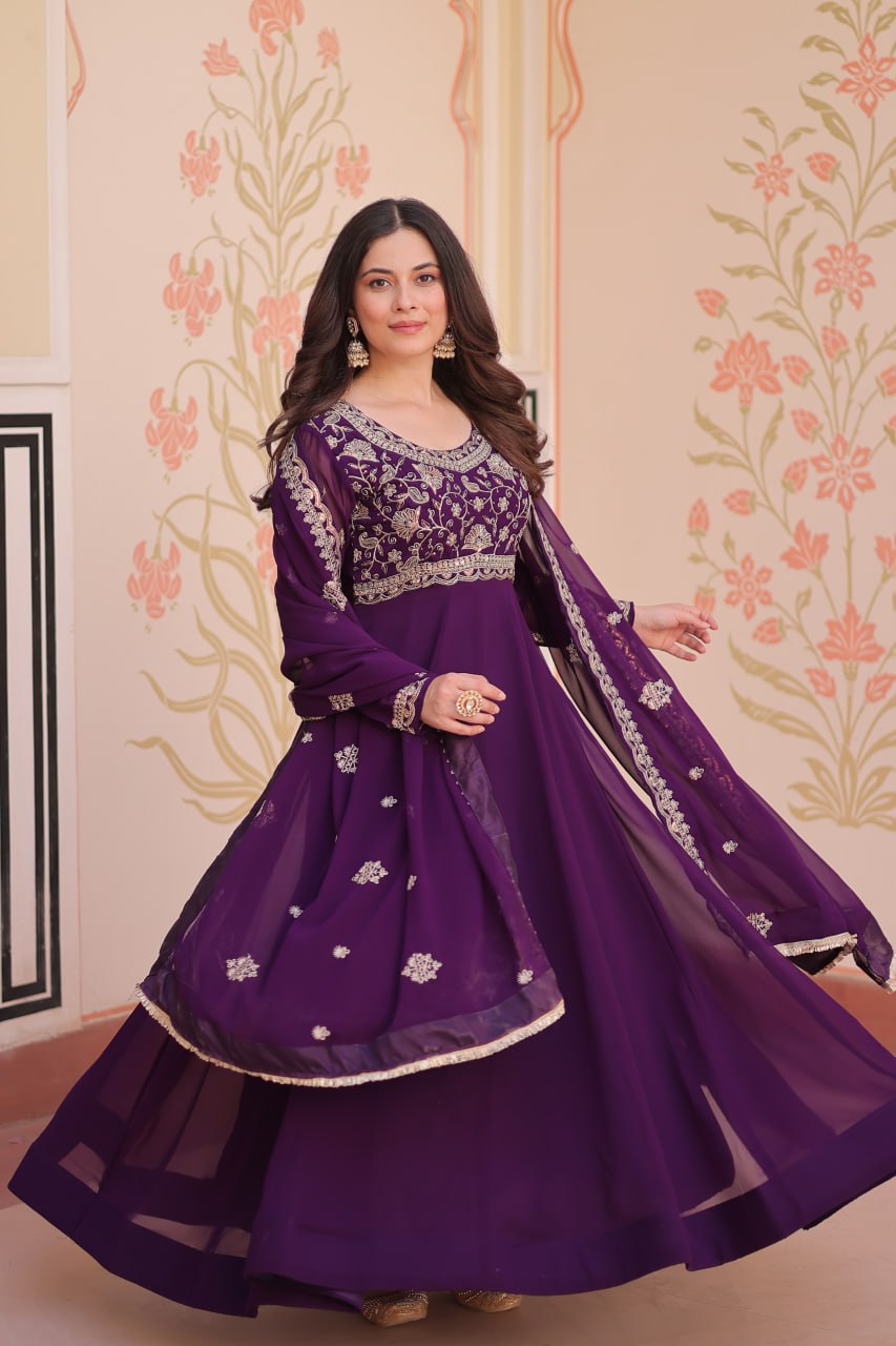 Purple Faux Blooming Gown with Beads Embroidery & Designer Dupatta