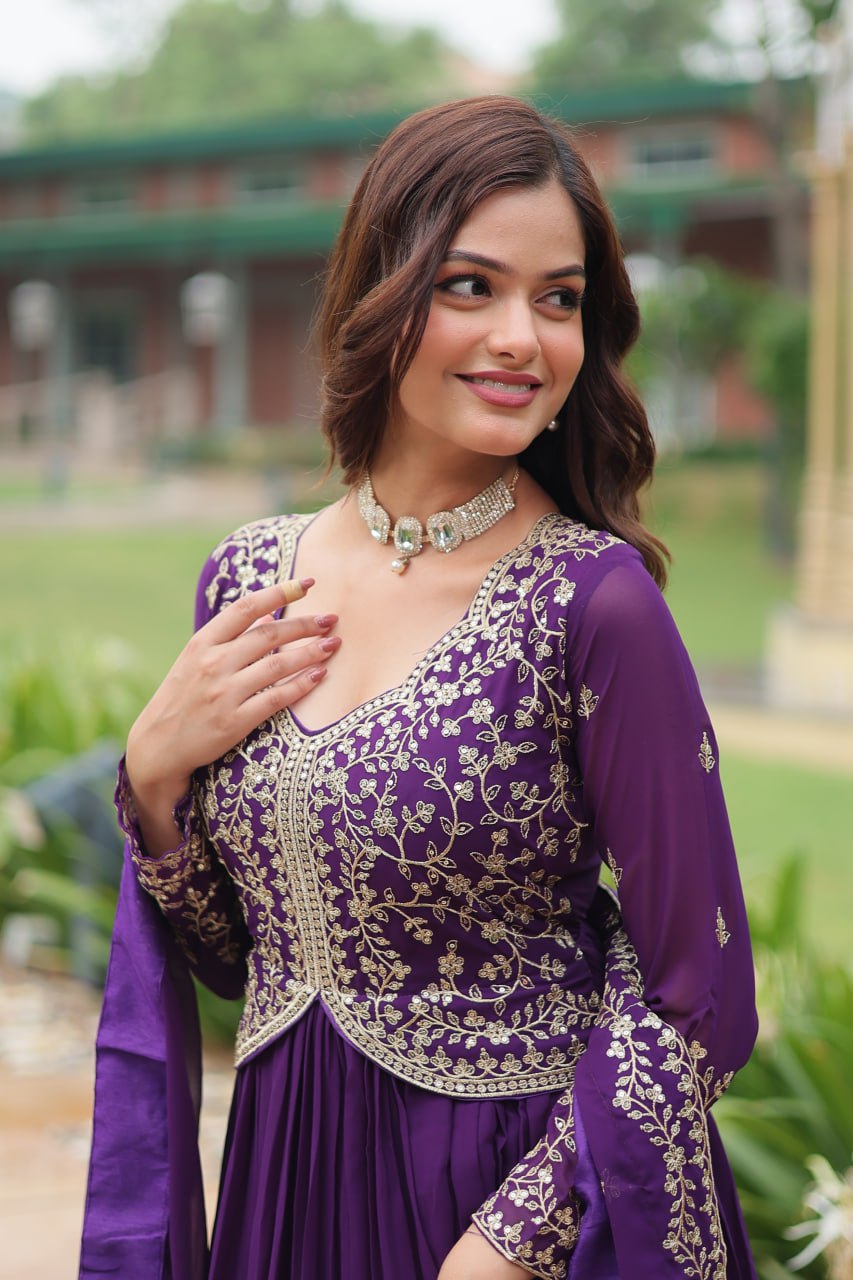 Purple Faux Blooming Gown With Sequins-Multi Embroidery