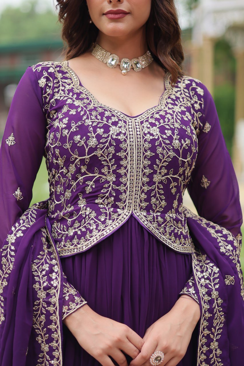 Purple Faux Blooming Gown With Sequins-Multi Embroidery
