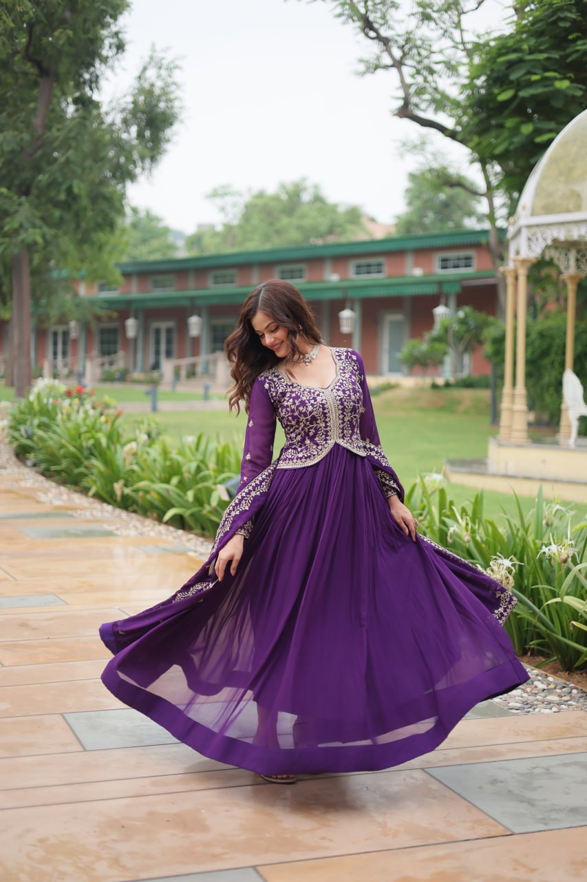 Purple Faux Blooming Gown With Sequins-Multi Embroidery