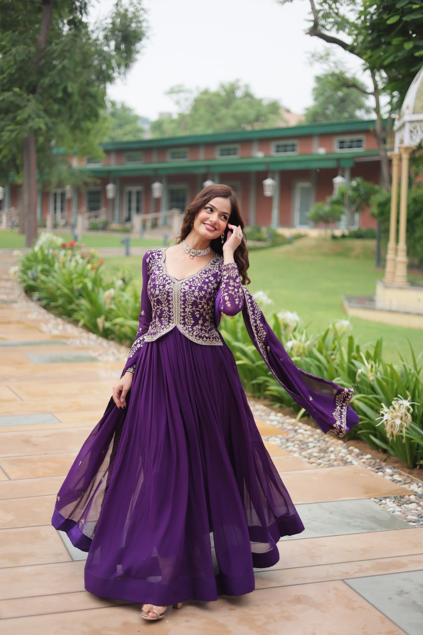 Purple Faux Blooming Gown With Sequins-Multi Embroidery
