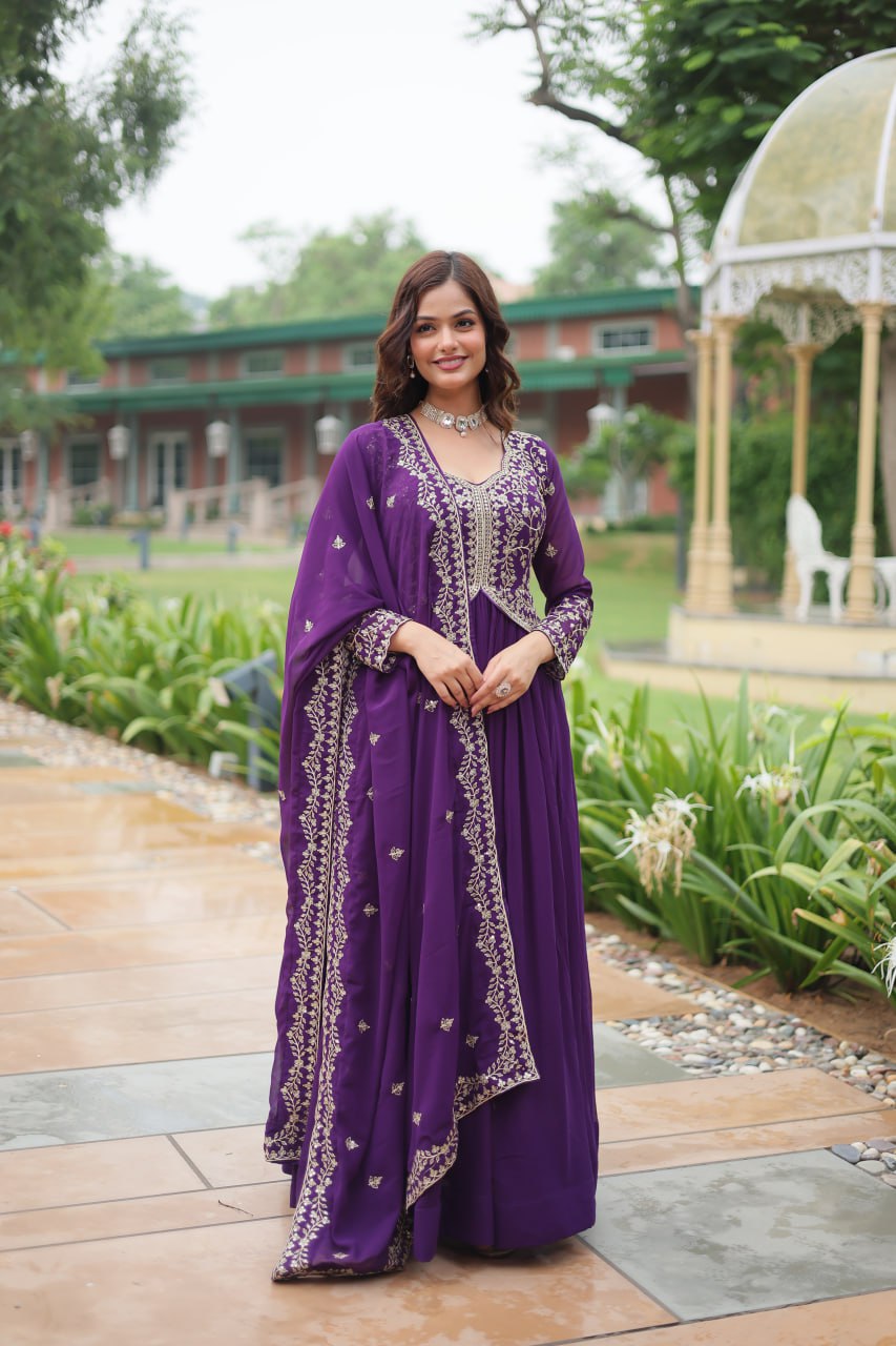 Purple Faux Blooming Gown With Sequins-Multi Embroidery