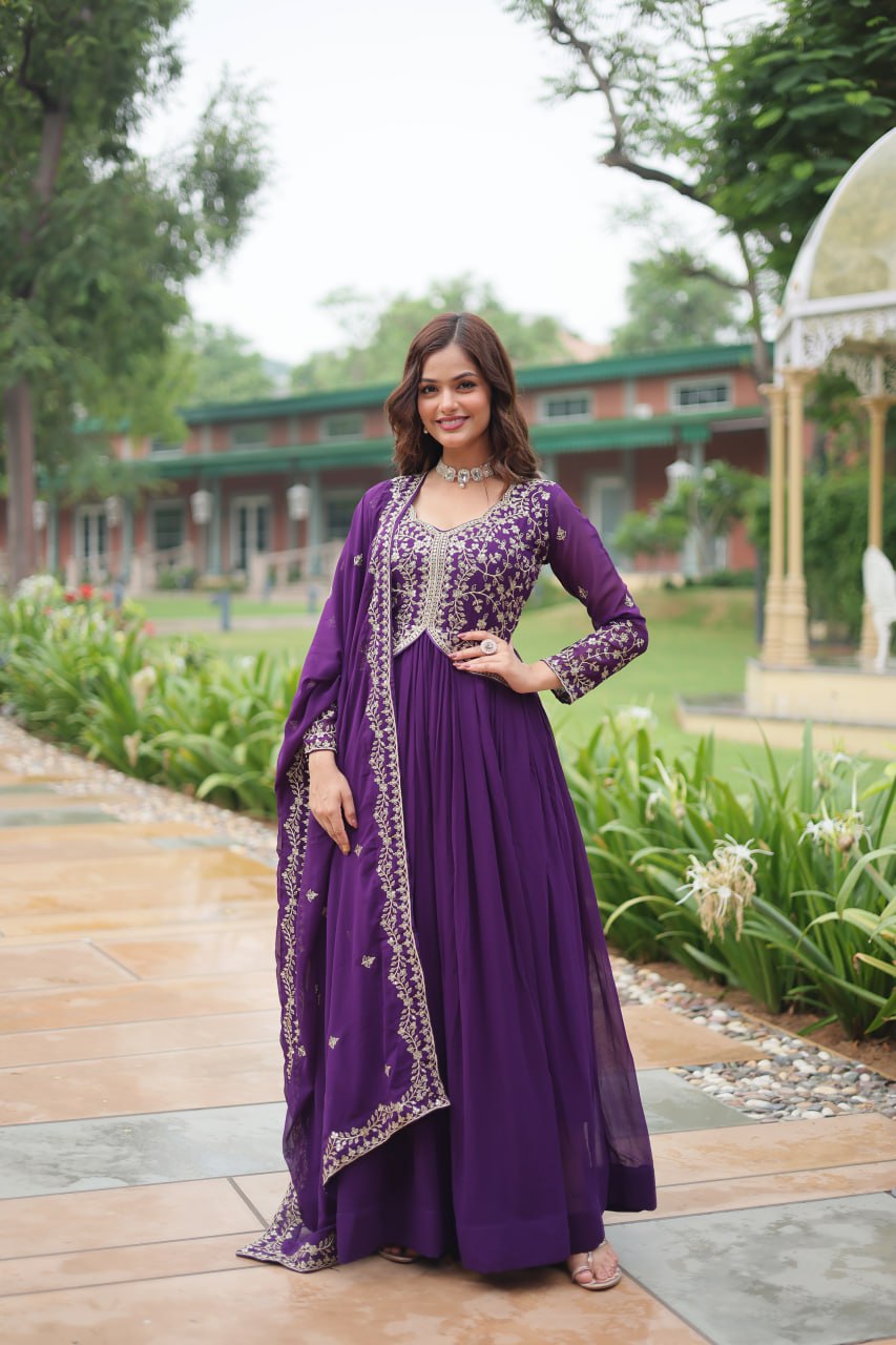 Purple Faux Blooming Gown With Sequins-Multi Embroidery