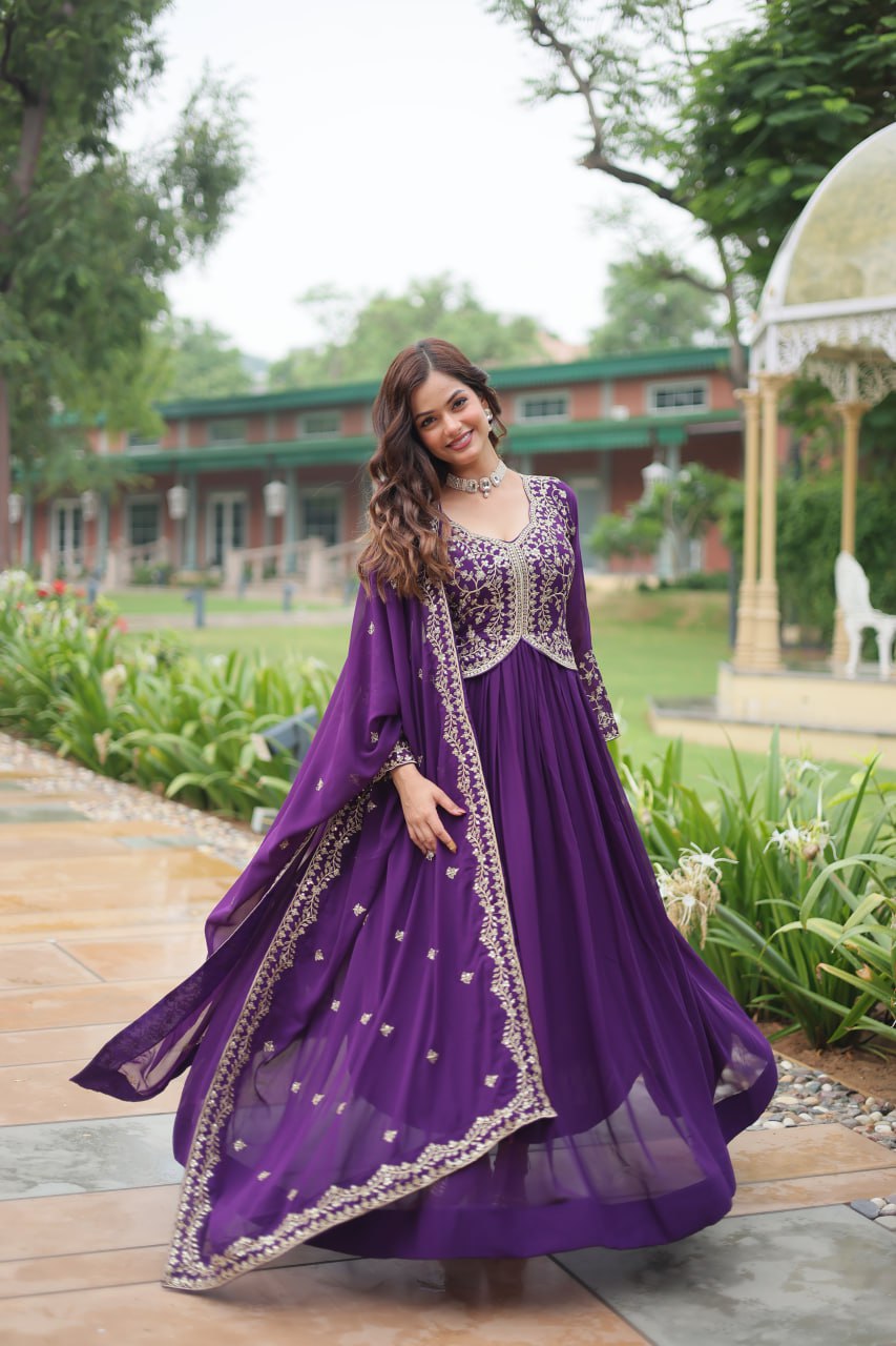 Purple Faux Blooming Gown With Sequins-Multi Embroidery