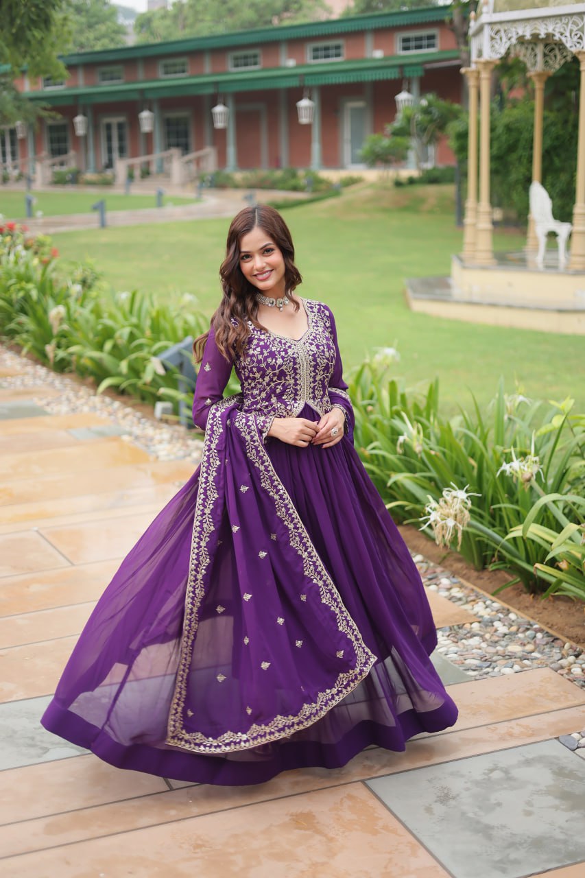 Purple Faux Blooming Gown With Sequins-Multi Embroidery