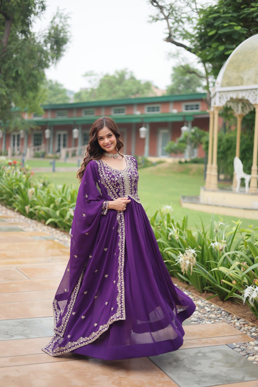Purple Faux Blooming Gown With Sequins-Multi Embroidery