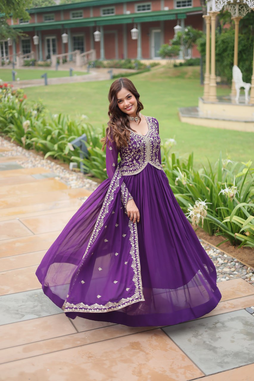 Purple Faux Blooming Gown With Sequins-Multi Embroidery