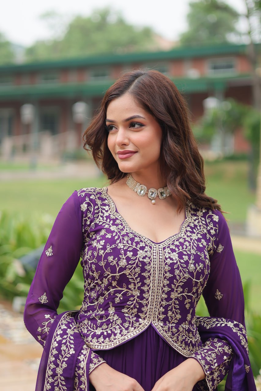 Purple Faux Blooming Gown With Sequins-Multi Embroidery