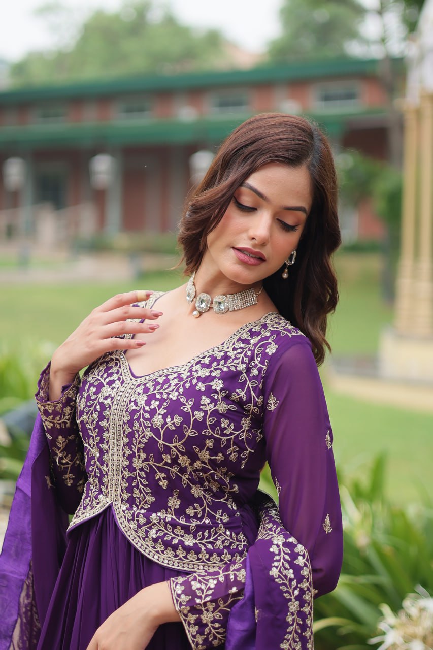 Purple Faux Blooming Gown With Sequins-Multi Embroidery