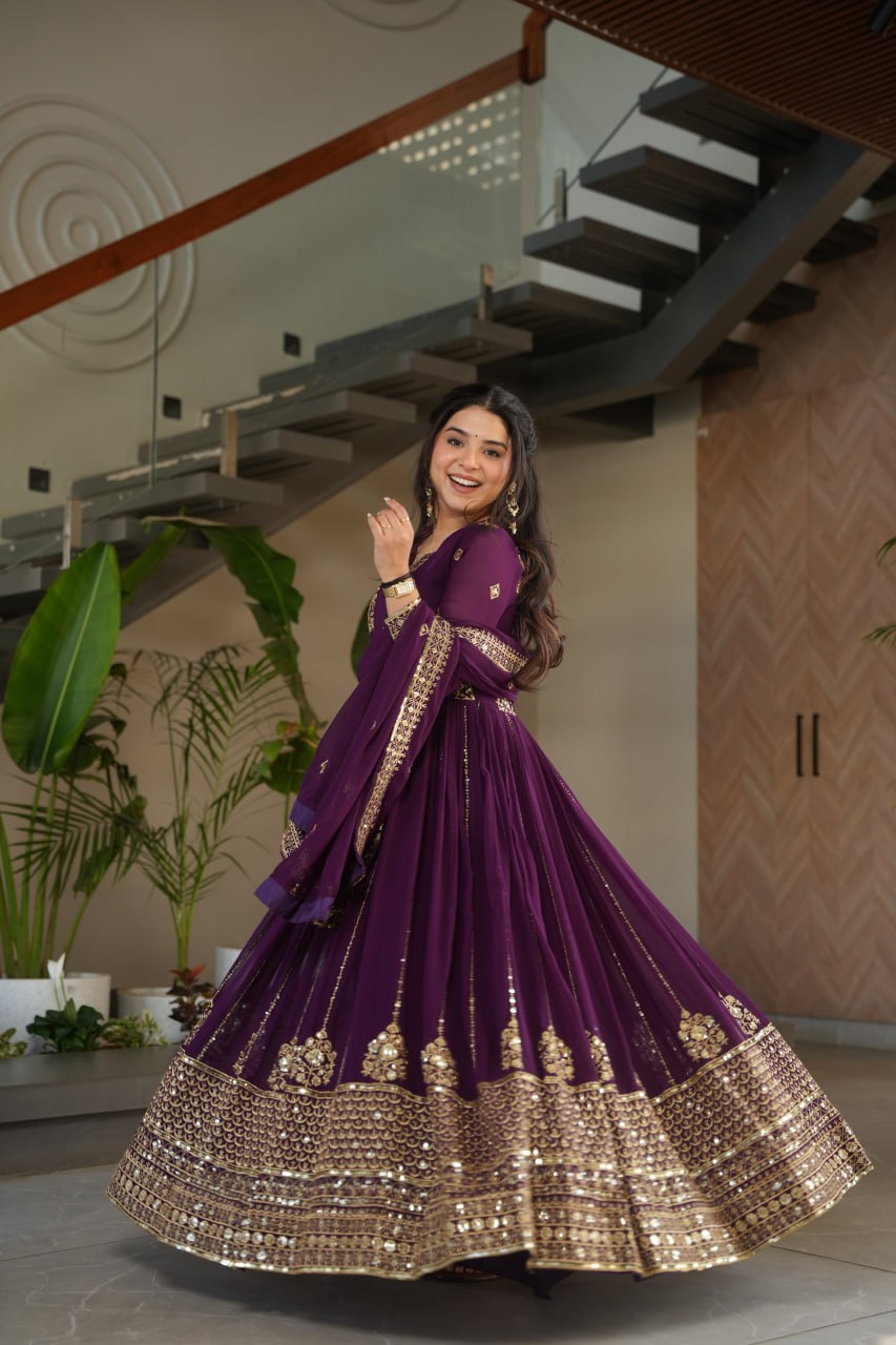 Purple Faux Blooming Luxury Designer Gown Set with Zari & Sequins Embroidery Dupatta Included