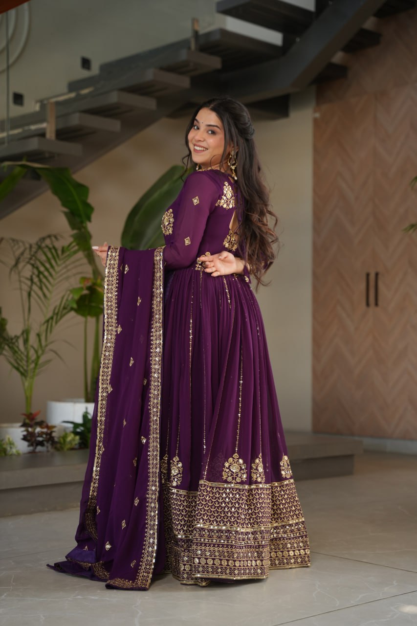 Purple Faux Blooming Luxury Designer Gown Set with Zari & Sequins Embroidery Dupatta Included