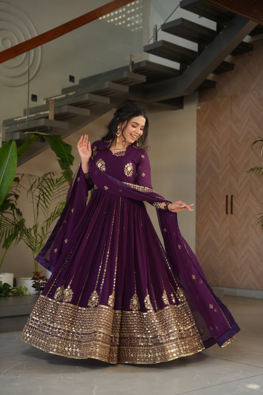 Purple Faux Blooming Luxury Designer Gown Set with Zari & Sequins Embroidery Dupatta Included