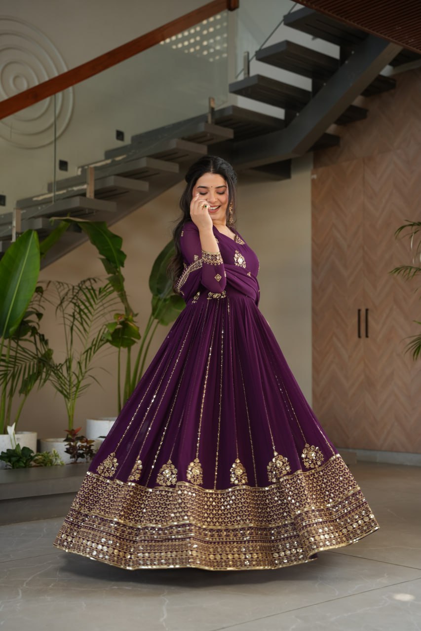 Purple Faux Blooming Luxury Designer Gown Set with Zari & Sequins Embroidery Dupatta Included