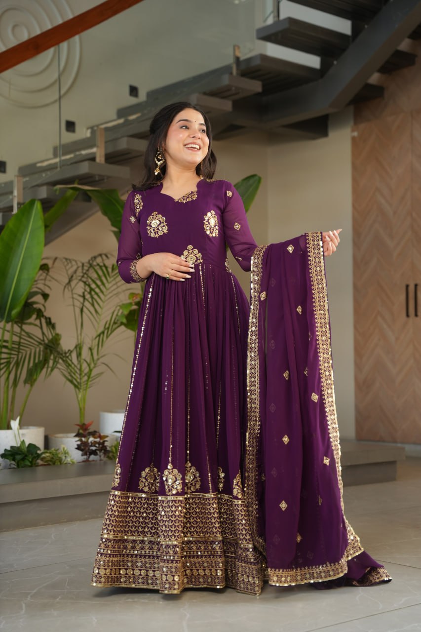 Purple Faux Blooming Luxury Designer Gown Set with Zari & Sequins Embroidery Dupatta Included