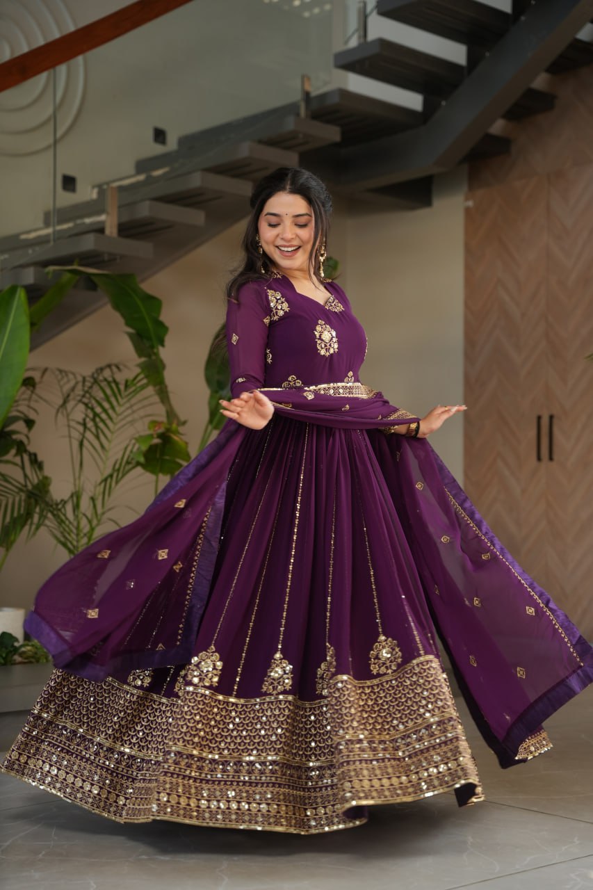 Purple Faux Blooming Luxury Designer Gown Set with Zari & Sequins Embroidery Dupatta Included