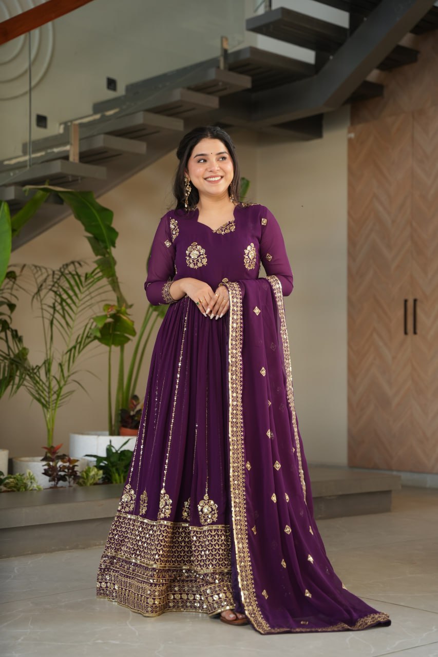 Purple Faux Blooming Luxury Designer Gown Set with Zari & Sequins Embroidery Dupatta Included