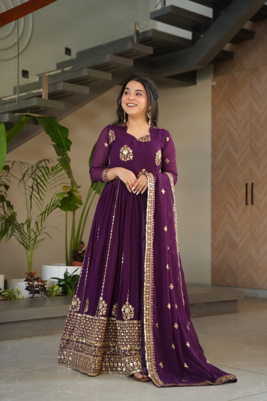 Purple Faux Blooming Luxury Designer Gown Set with Zari & Sequins Embroidery Dupatta Included